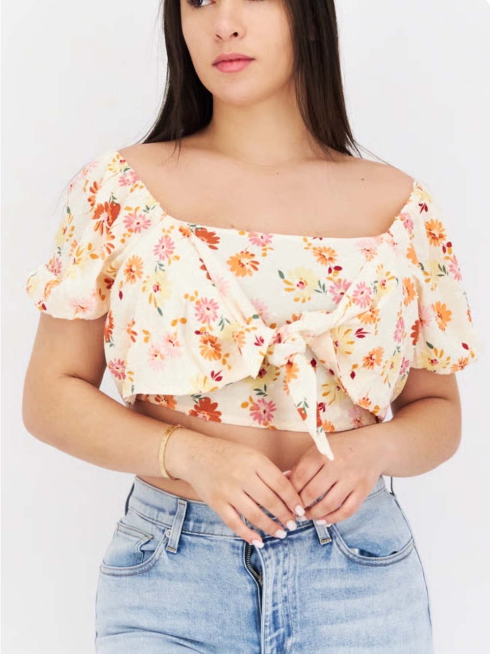 Sadie & Sage Square Neck Short Sleeve Floral Crop Top Multicolor‎ Women’s Medium